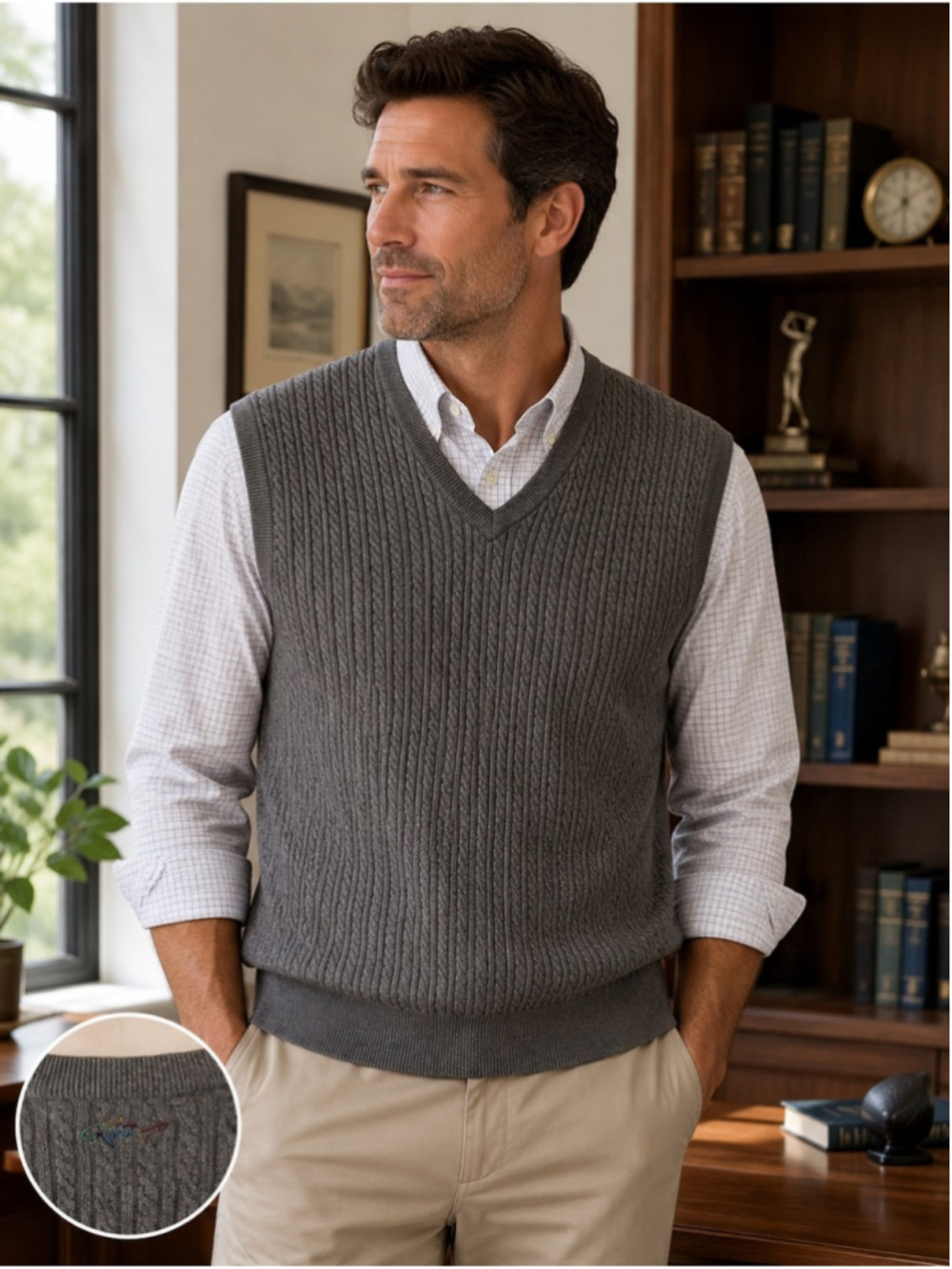 Greg Norman Collection Men's Gray Cable V-Neck Sweater Vest Size L Golf Preppy